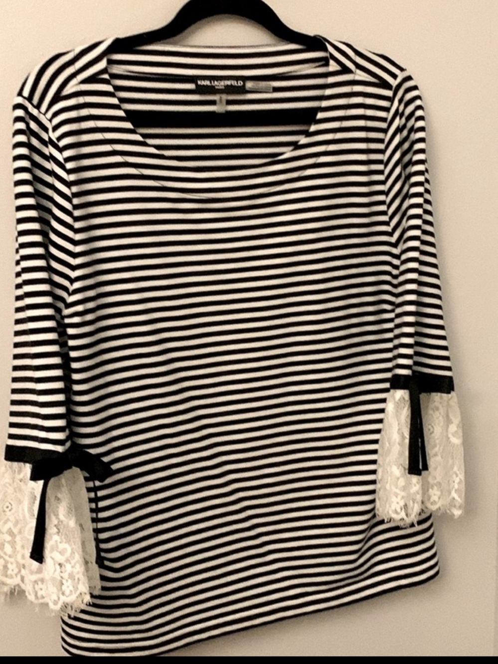 EUC Karl Lagerfeld Black and White Striped Lace-Trim Blouse French Inspired M